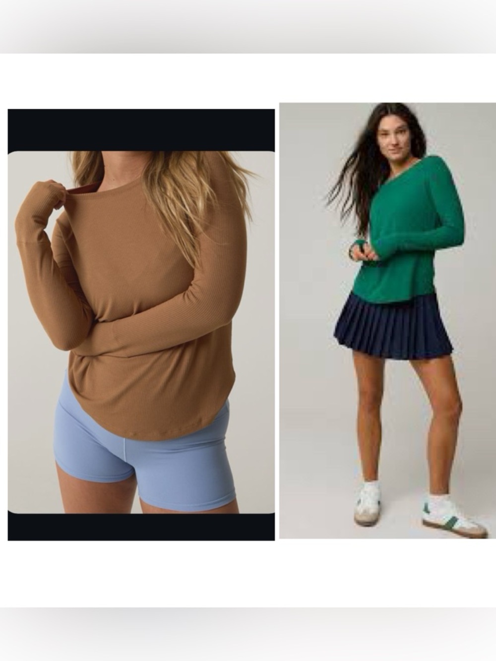 2 aerie Ribbed Tee in Warm Caramel Brown and Green